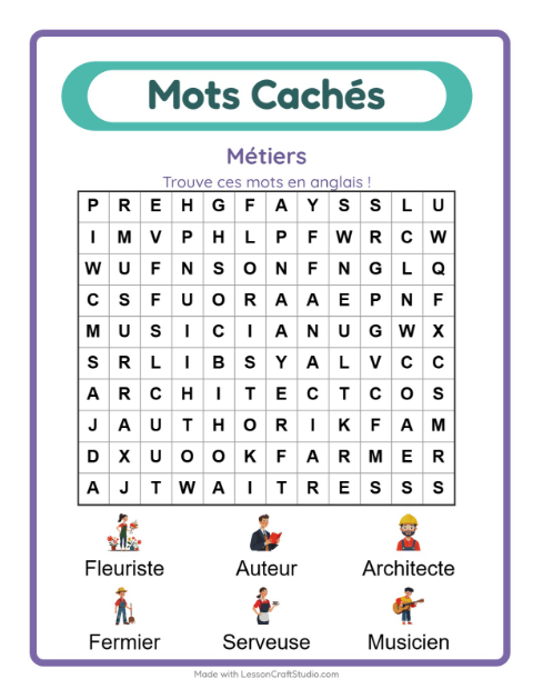 Aperçu : Apprendre l’anglais : Métiers – mots mêlés pour enfants