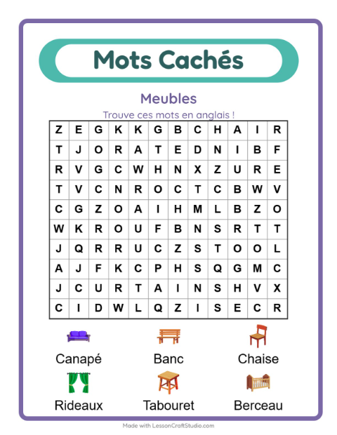 Mots mêlés en anglais – Meubles