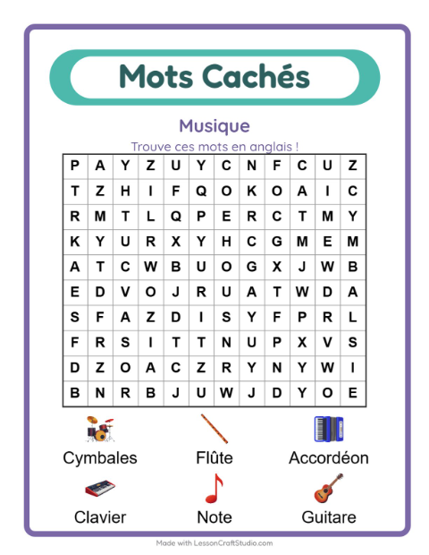 Aperçu : Apprendre l’anglais : Musique – mots mêlés pour enfants