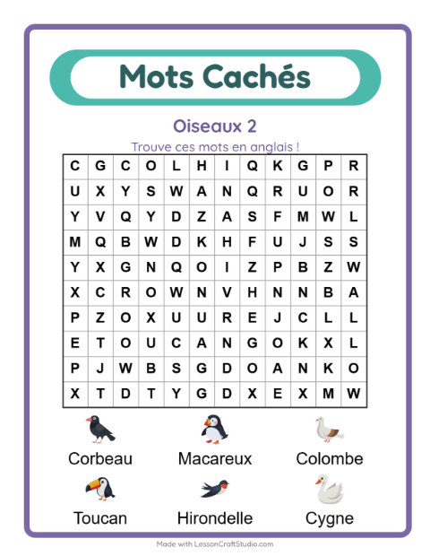 Mots mêlés en anglais – Oiseaux 2