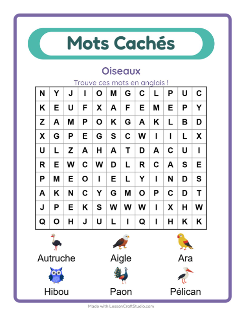 Aperçu : Apprendre l’anglais : Oiseaux – mots mêlés pour enfants