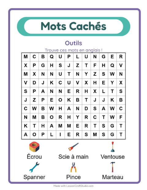 Mots mêlés en anglais – Outils