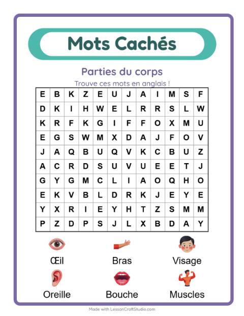 Mots mêlés en anglais – Parties du corps