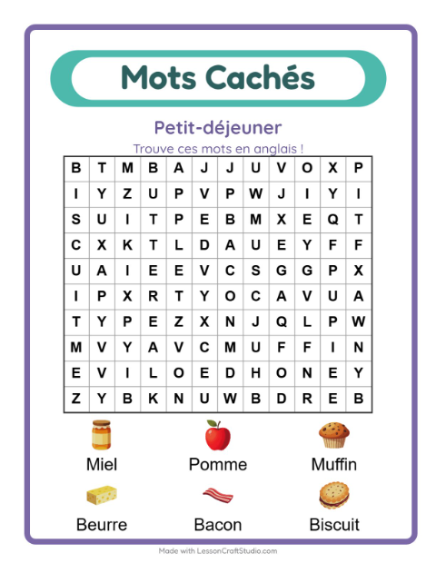 Mots mêlés en anglais – Petit-déjeuner