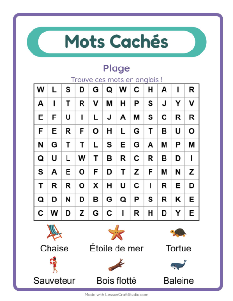 Mots mêlés en anglais – Plage
