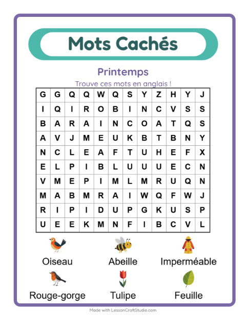 Mots mêlés en anglais – Printemps