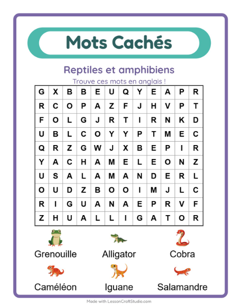 Mots mêlés en anglais – Reptiles et amphibiens