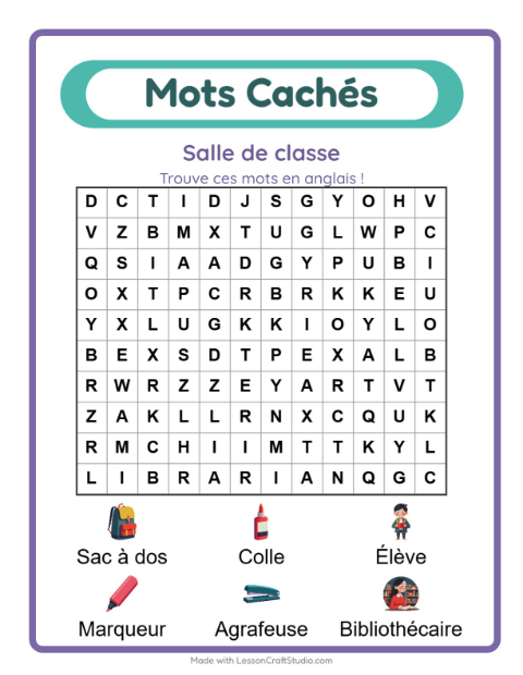 Mots mêlés en anglais – Salle de classe