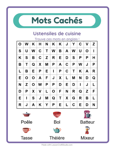 Mots mêlés en anglais – Ustensiles de cuisine