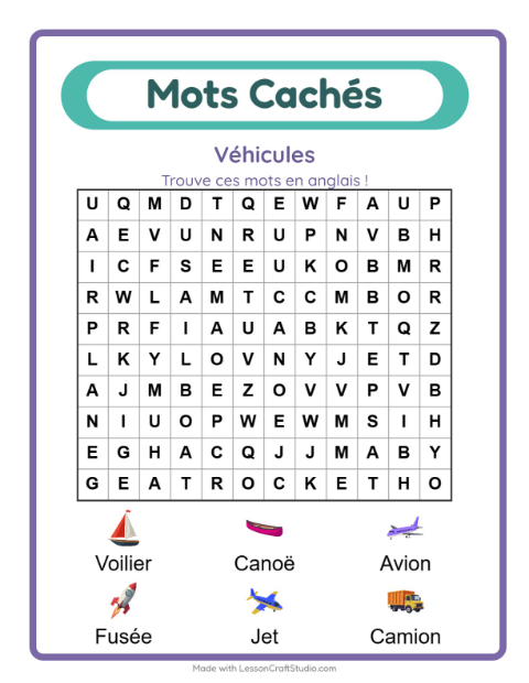 Mots mêlés en anglais – Véhicules