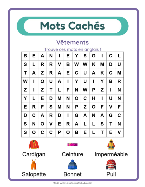 Aperçu : Apprendre l’anglais : Vêtements – mots mêlés pour enfants