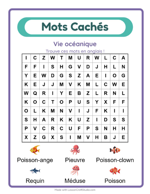 Mots mêlés en anglais – Vie océanique