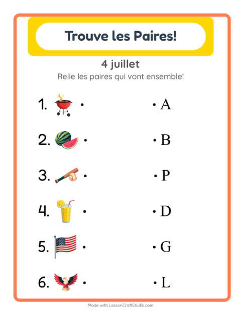 Aperçu de la fiche Appariement avec 4 juillet pour École maternelle (grande section, 5-7 ans)