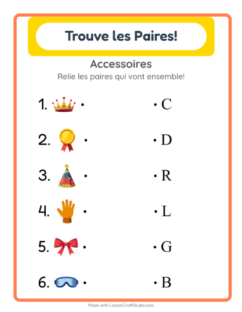 Aperçu de la fiche Appariement avec Accessoires pour École maternelle (grande section, 5-7 ans)