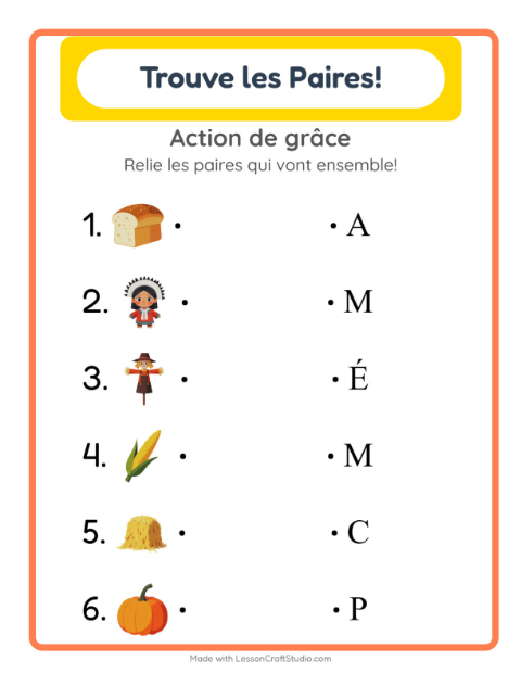 Aperçu de la fiche Appariement avec Action de grâce pour École maternelle (grande section, 5-7 ans)