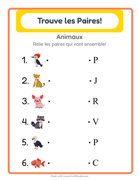 Aperçu de la fiche Appariement avec Animaux pour École maternelle (grande section, 5-7 ans)