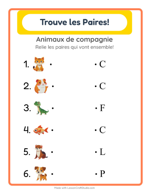 Aperçu de la fiche Appariement avec Animaux de compagnie pour École maternelle (grande section, 5-7 ans)
