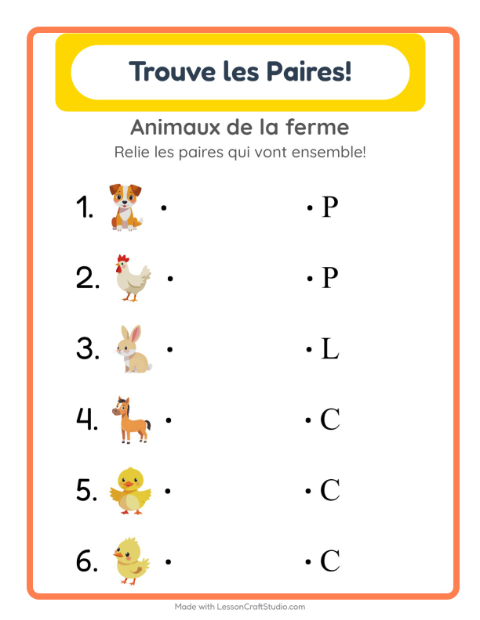 Aperçu de la fiche Appariement avec Animaux de la ferme pour École maternelle (grande section, 5-7 ans)