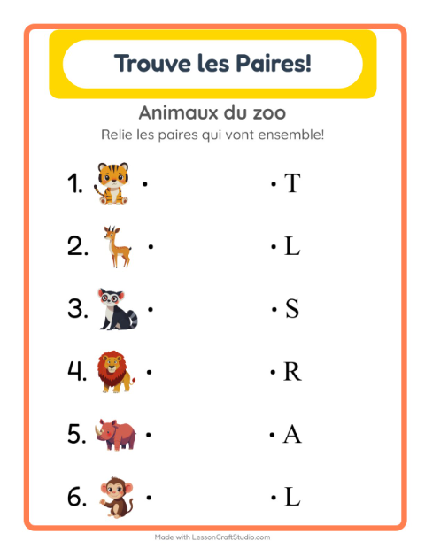 Aperçu de la fiche Appariement avec Animaux du zoo pour École maternelle (grande section, 5-7 ans)