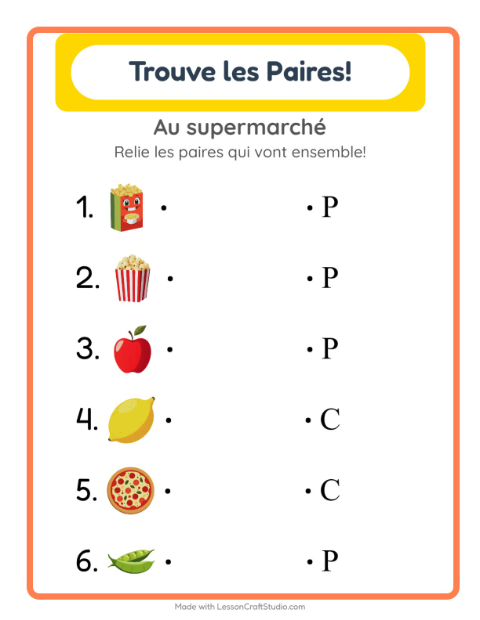 Aperçu de la fiche Appariement avec Au supermarché pour École maternelle (grande section, 5-7 ans)