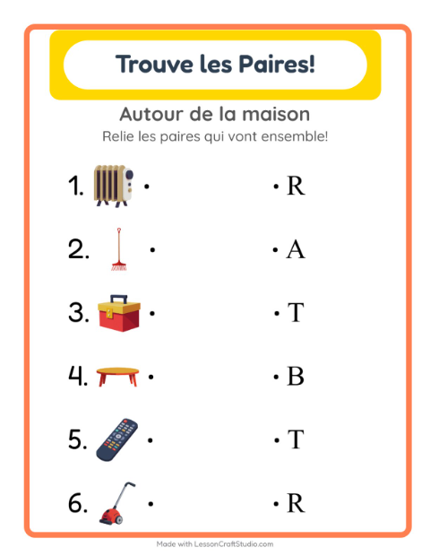 Aperçu de la fiche Appariement avec Autour de la maison pour École maternelle (grande section, 5-7 ans)