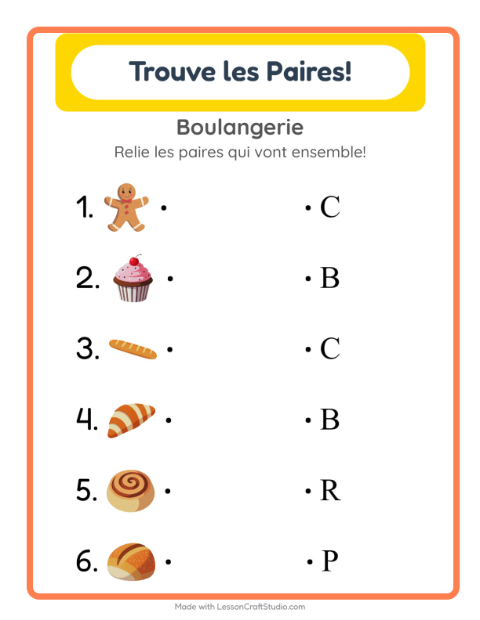 Aperçu de la fiche Appariement avec Boulangerie pour École maternelle (grande section, 5-7 ans)