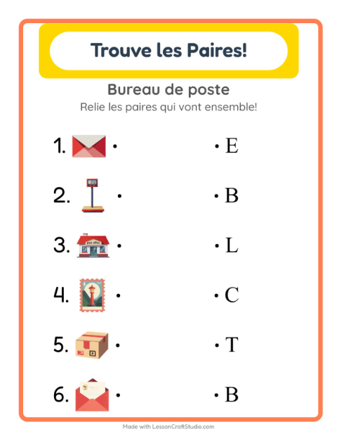 Aperçu de la fiche Appariement avec Bureau de poste pour École maternelle (grande section, 5-7 ans)