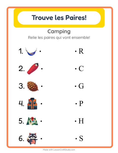 Aperçu de la fiche Appariement avec Camping pour École maternelle (grande section, 5-7 ans)
