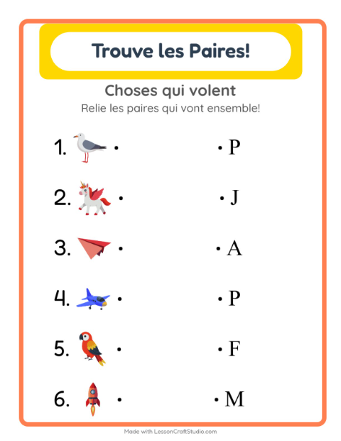 Aperçu de la fiche Appariement avec Choses qui volent pour École maternelle (grande section, 5-7 ans)