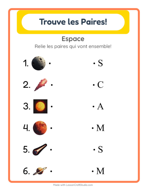 Aperçu de la fiche Appariement avec Espace pour École maternelle (grande section, 5-7 ans)