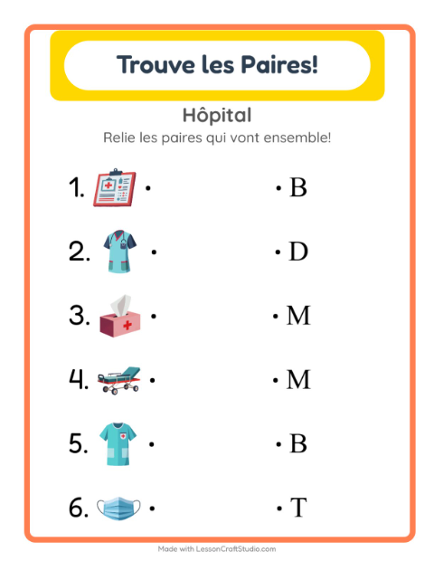 Aperçu de la fiche Appariement avec Hôpital pour École maternelle (grande section, 5-7 ans)