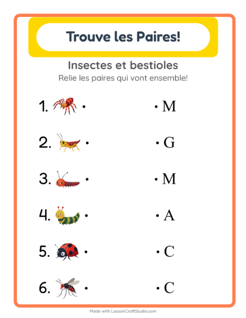 Aperçu de la fiche Appariement avec Insectes et bestioles pour École maternelle (grande section, 5-7 ans)