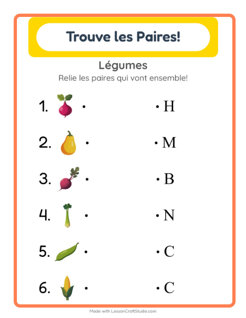 Aperçu de la fiche Appariement avec Légumes pour École maternelle (grande section, 5-7 ans)