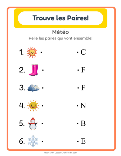 Aperçu de la fiche Appariement avec Météo pour École maternelle (grande section, 5-7 ans)
