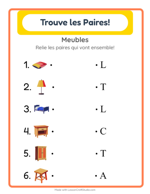 Aperçu de la fiche Appariement avec Meubles pour École maternelle (grande section, 5-7 ans)