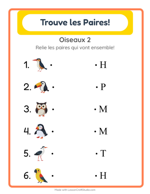 Aperçu de la fiche Appariement avec Oiseaux 2 pour École maternelle (grande section, 5-7 ans)