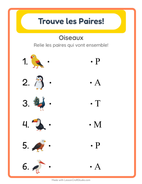 Aperçu de la fiche Appariement avec Oiseaux pour École maternelle (grande section, 5-7 ans)