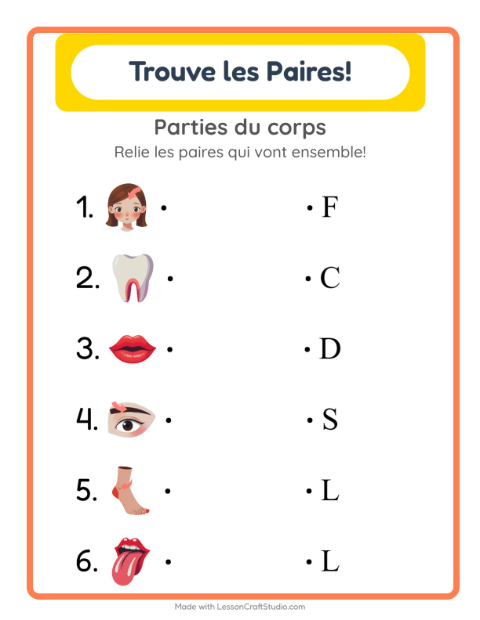 Aperçu de la fiche Appariement avec Parties du corps pour École maternelle (grande section, 5-7 ans)
