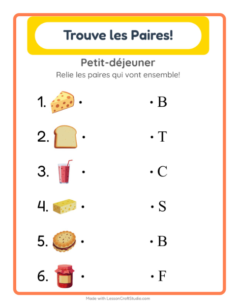 Aperçu de la fiche Appariement avec Petit-déjeuner pour École maternelle (grande section, 5-7 ans)