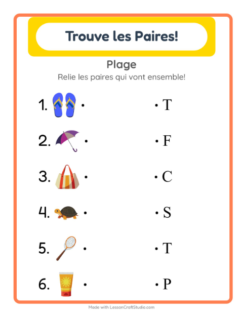 Aperçu de la fiche Appariement avec Plage pour École maternelle (grande section, 5-7 ans)