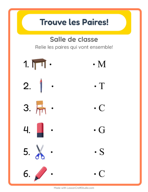 Aperçu de la fiche Appariement avec Salle de classe pour École maternelle (grande section, 5-7 ans)