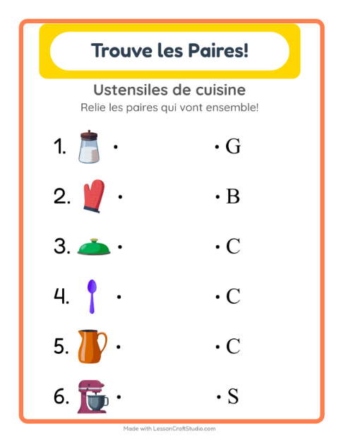 Aperçu de la fiche Appariement avec Ustensiles de cuisine pour École maternelle (grande section, 5-7 ans)