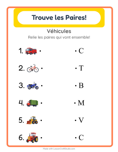 Aperçu de la fiche Appariement avec Véhicules pour École maternelle (grande section, 5-7 ans)