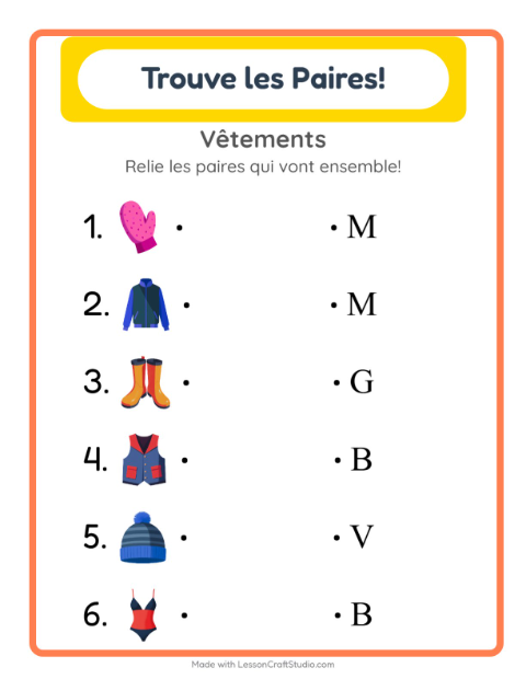 Aperçu de la fiche Appariement avec Vêtements pour École maternelle (grande section, 5-7 ans)