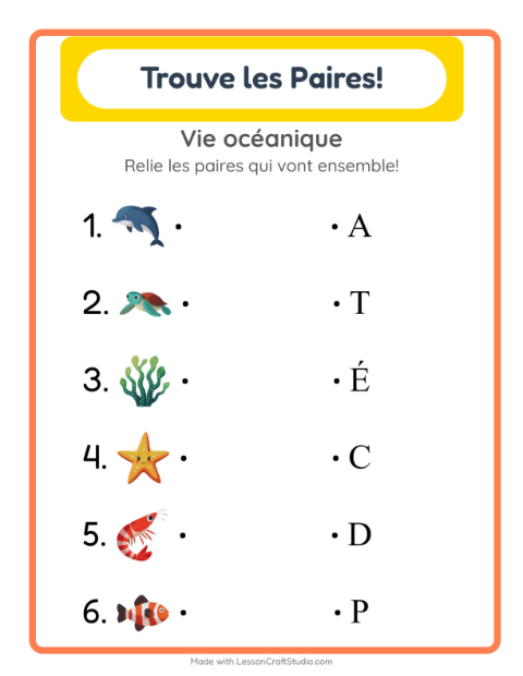 Aperçu de la fiche Appariement avec Vie océanique pour École maternelle (grande section, 5-7 ans)
