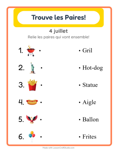 Aperçu de la fiche Appariement avec 4 juillet pour École maternelle (grande section, 5-7 ans)