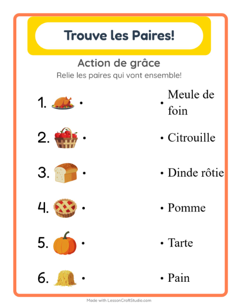 Aperçu de la fiche Appariement avec Action de grâce pour École maternelle (grande section, 5-7 ans)