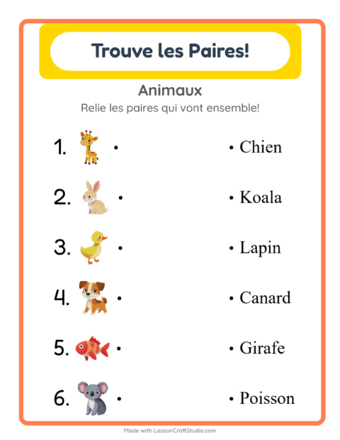 Aperçu de la fiche Appariement avec Animaux pour École maternelle (grande section, 5-7 ans)