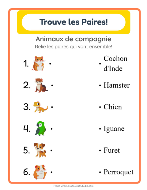 Aperçu de la fiche Appariement avec Animaux de compagnie pour École maternelle (grande section, 5-7 ans)