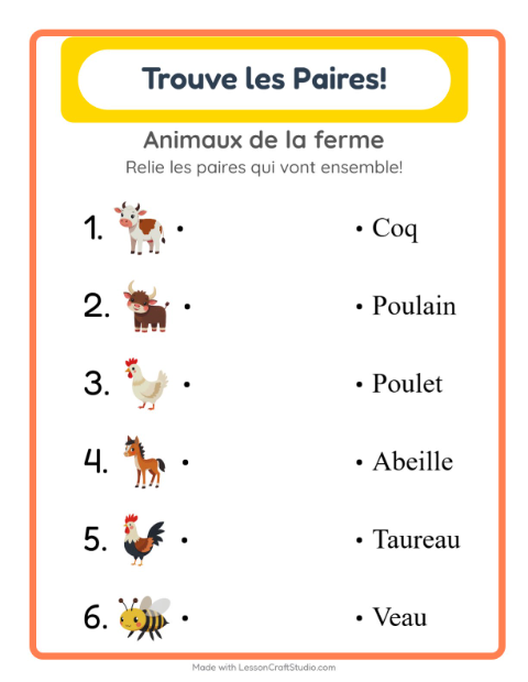 Aperçu de la fiche Appariement avec Animaux de la ferme pour École maternelle (grande section, 5-7 ans)